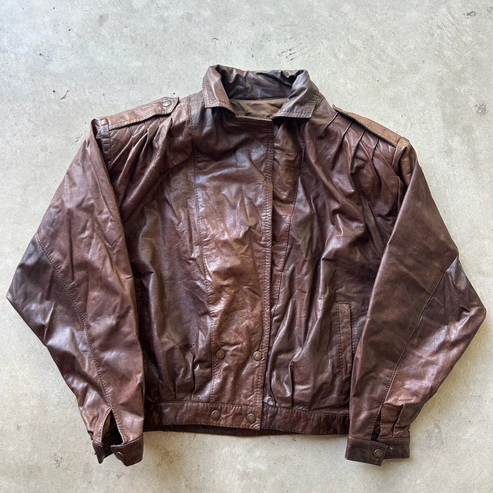 Vintage Pierre Balmain Paris Brown Leather Jacket Cropped Pleated Bomber 3